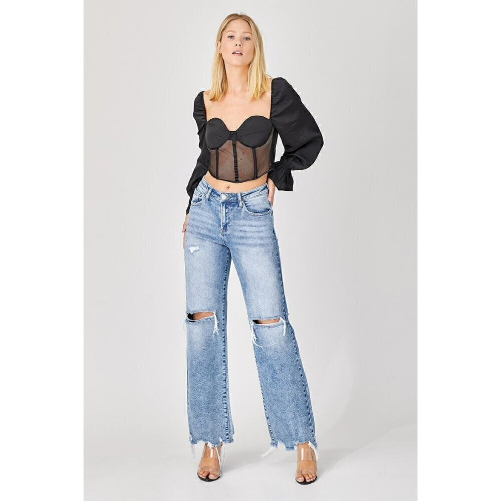 Risen High Rise Medium Acid Washed Wide Leg Jeans RDP5312 - Picture 8 of 8